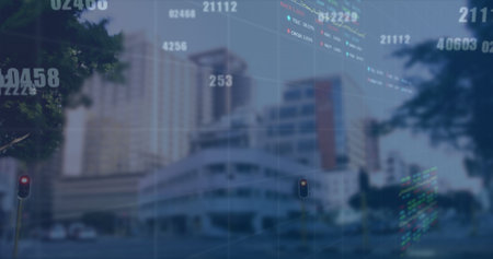 Image of financial data processing over cityscape. Global business, finances and digital interface...