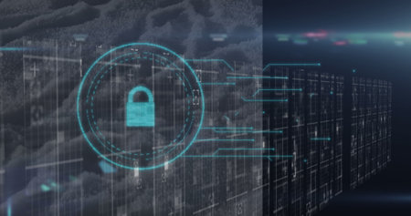 Image of padlock icon over shapes and light spots. Global business and digital interface concept...