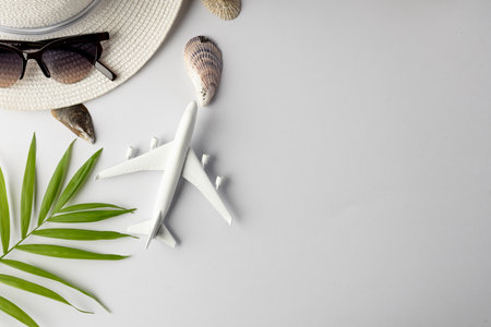 Airplane model, straw hat, sunglasses, plant and seashells on white background with copy space. Travel, transport and vacation.の写真素材