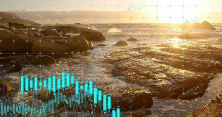 Image of digital screen with data processing over sun and landscape. Landscape, nature and digital interface concept digitally generated image.の写真素材