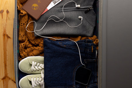 Suitcase with clothes, shoes, passport, tickets, smartphone and earphones on wooden background....