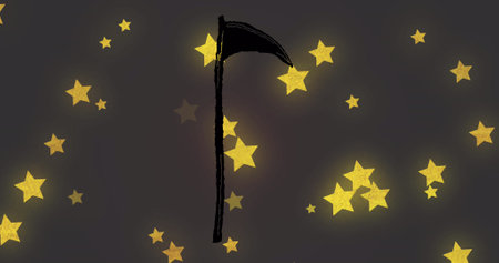 Composition of scythe over stars on black background. Light, pattern and movement concept digitally...
