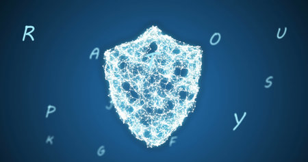 Image of letters and shield over blue background. Social media and abstract background concept digitally generated image.の写真素材