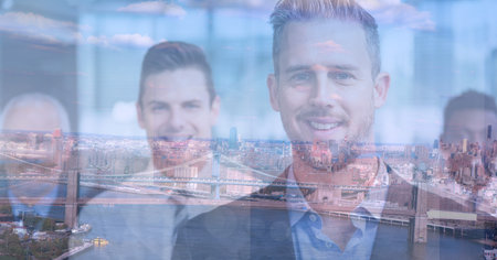 Composition of smiling businessmen in office over cityscape. business, finances, success and communication concept digitally generated image.の写真素材