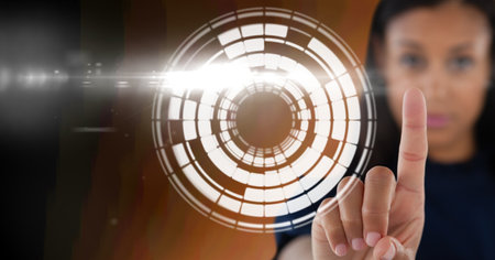 Composition of businesswoman touching screen with scope scanning. global online identity and digital...
