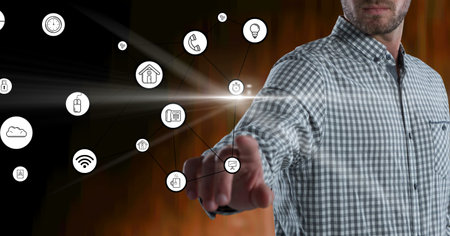 Composition of businessman touching screen with digital online icons. global technology, digital...