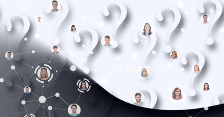 Composition of network of people photographs and question marks on white background. global...