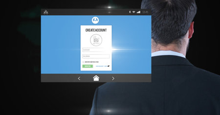 Composition of screen with create account and registration data over businessman. global online identity and digital interface concept digitally generated image.の写真素材