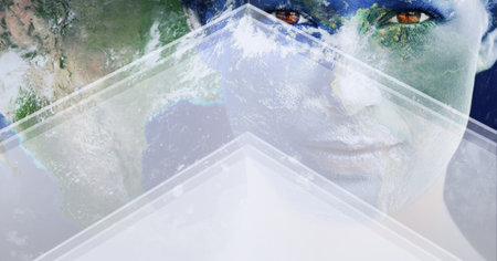 Composition of planet earth on woman&#39;s face with arrows on blue background. global environment and sustainability concept digitally generated image.の写真素材