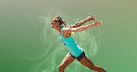 Composition of fit caucasian woman running with copy space. sport, fitness and active lifestyle concept digitally generated image.の写真素材