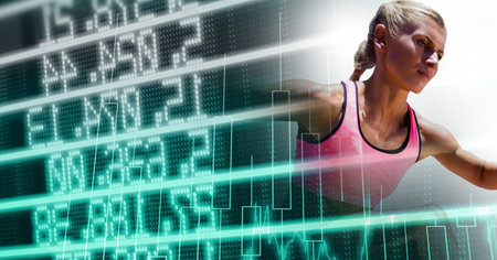Composition of caucasian female athlete with data processing. sports and competition concept digitally generated image.の写真素材