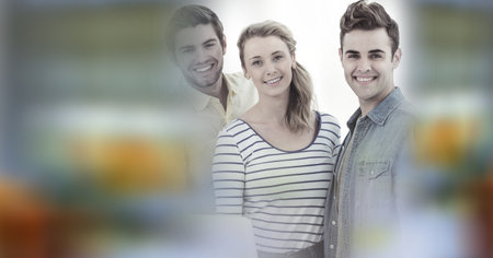 Composition of happy diverse business team in meeting room with double exposure. global business and success concept digitally generated image.の写真素材