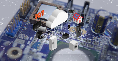 Composition of cloud with icons and network of connections over circuit board. global connections,...