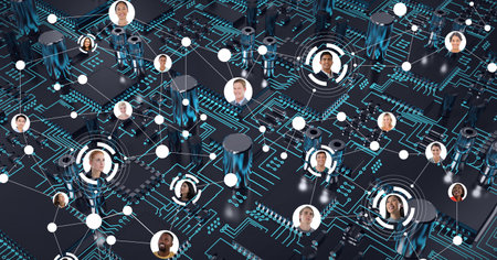 Composition of network of connections with people&#39;s photographs over computer circuit board. global networks, data processing and technology concept digitally generated image.の写真素材