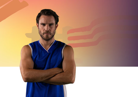 Composition of portrait of caucasian male basketball player with copy space on orange background. sport and competition concept digitally generated image.の写真素材