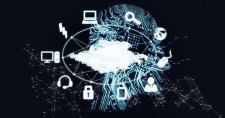 Composition of cloud with icons and network of connections over circuit board. global connections,...