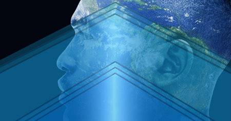 Composition of planet earth over man's face on blue background. global environment and sustainability concept digitally generated image.の写真素材