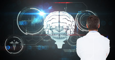Composition of male doctor using virtual screen with medical icons. global medicine and digital interface concept digitally generated image.の写真素材