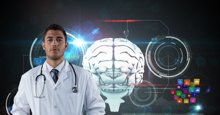 Composition on male doctor over screen with digital human brain and medical data processing. global medicine, science, research and technology digital interface concept digitally generated image.の写真素材