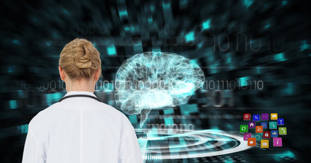 Composition on female doctor over screen with digital human brain and medical data processing. global medicine, science, research and technology digital interface concept digitally generated image.の写真素材
