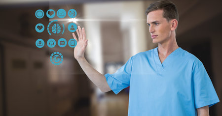 Composition of male surgeon touching screen with medical icons. global medicine, technology and...