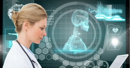 Composition of female doctor over screen with medical data processing. global medicine, science, technology and research concept digitally generated image.の写真素材