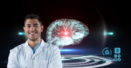 Composition on male doctor over screen with digital human brain and medical data processing. global...