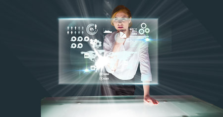 Composition of caucasian businesswoman looking at screen with data processing. global business,...