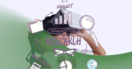 Multiple digital icons over school girl wearing vr headset against green technology background. computer interface and education technology conceptの写真素材