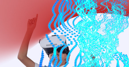 Composition of digital light trails with boy wearing vr headset. global digital interface,...