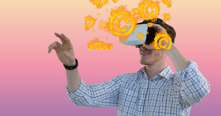 Composition of digital icons with business man wearing vr headset. global business, digital...