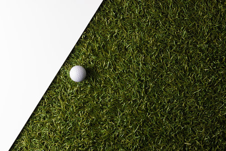 High angle view of white golf ball on grass with copy space on white background. Golf, sports and competition concept.の写真素材