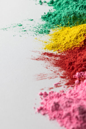 Close up of multi coloured powder and copy space on white background. Holi festival, colour, hindu tradition and celebration concept.の写真素材