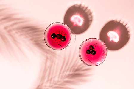Glasses with drinks and fruits over pale pink background with shadows. Drinks, cocktails, beverages and party concept.の写真素材