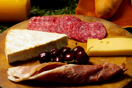 Wooden board with diverse food lying on grass. Picnic, food, eating outside, relaxing in nature concept.の写真素材