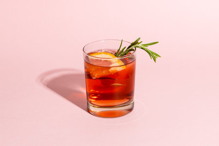 Glass with drink and fruits over pale pink background. Drinks, cocktails, beverages and party concept.の写真素材