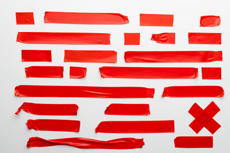 Ripped up pieces of red tape with copy space on white background. Abstract paper texture background...