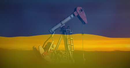 Image of flag of ukraine over working oil pump. Global business and patriotism concept digitally...