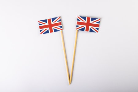 Overhead view of british flags isolated over white background, copy space. National flag, patriotism...
