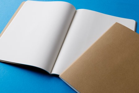 Close up of beige notebook and open book with copy space on blue background. Literature, reading,...