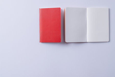 Close up of red notebook and open book with copy space on white background. Literature, reading, writing, leisure time and books.の写真素材