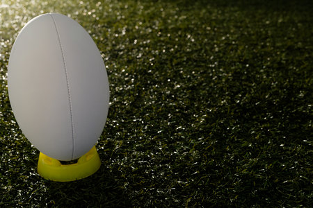 White rugby ball in yellow stand over grass with copy space, in slow motion. Rugby, sport, international, competition and games digitally generated image.の写真素材