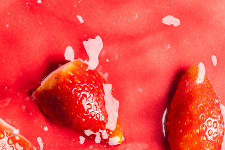 Close up of strawberries in water with copy space on red background. Fruit, vegan food and colour concept.の写真素材