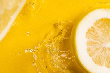 Close up of lemon slices in water with copy space on yellow background. Fruit, vegan food and colour concept.の写真素材