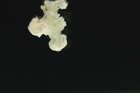 Close up of white ink in water with copy space on black background. Ink, liquid, shape and colour...