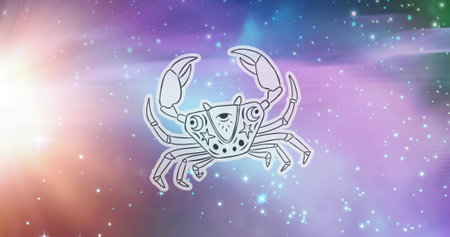 Composite of cancer star sign over stars on purple background. Zodiac and astrology concept digitally generated image.の写真素材
