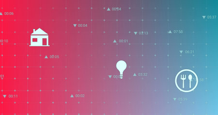 Image of multiple icons and changing numbers over grid pattern against gradient background. Digitally generated, hologram, illustration, growth, electricity, medical and healthcare concept.の写真素材