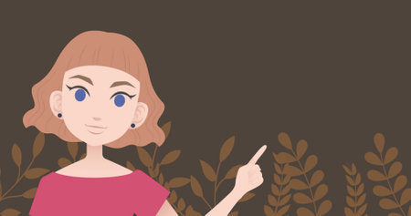 Composite of caucasian woman pointing with finger on brown background. Business, finances, computing...