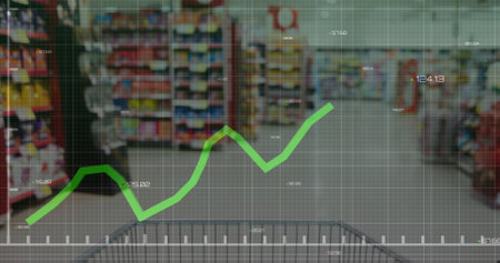 Composite of green line and data processing over shop. Global business, finances, computing and data processing concept digitally generated image.の写真素材