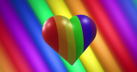 Composite of pride lgbtq rainbow heart on rainbow background. Pride month, lgbtq, human rights and equality concept digitally generated image.の写真素材